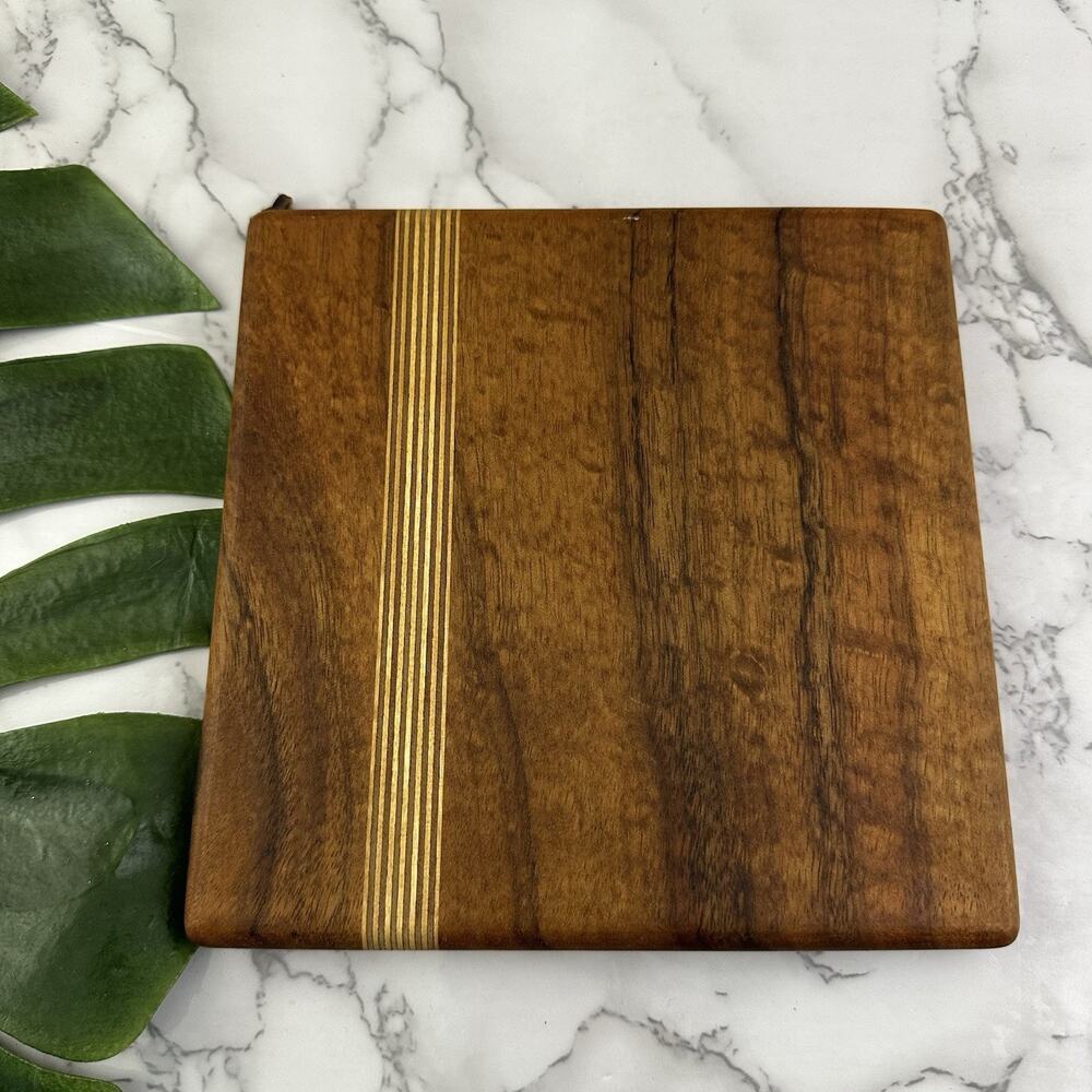 Vintage Handmade Wood Trivet Small Cutting Board Dark Brown Stripe Inlay Square